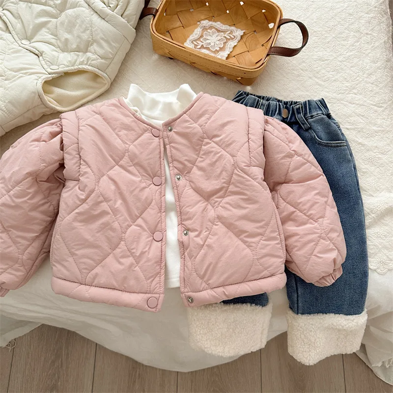 Leisure Fashion 2023 Winter New Product Childrens Korean Cotton Coat for Girls Solid Color Thickened Plush Cotton Coat