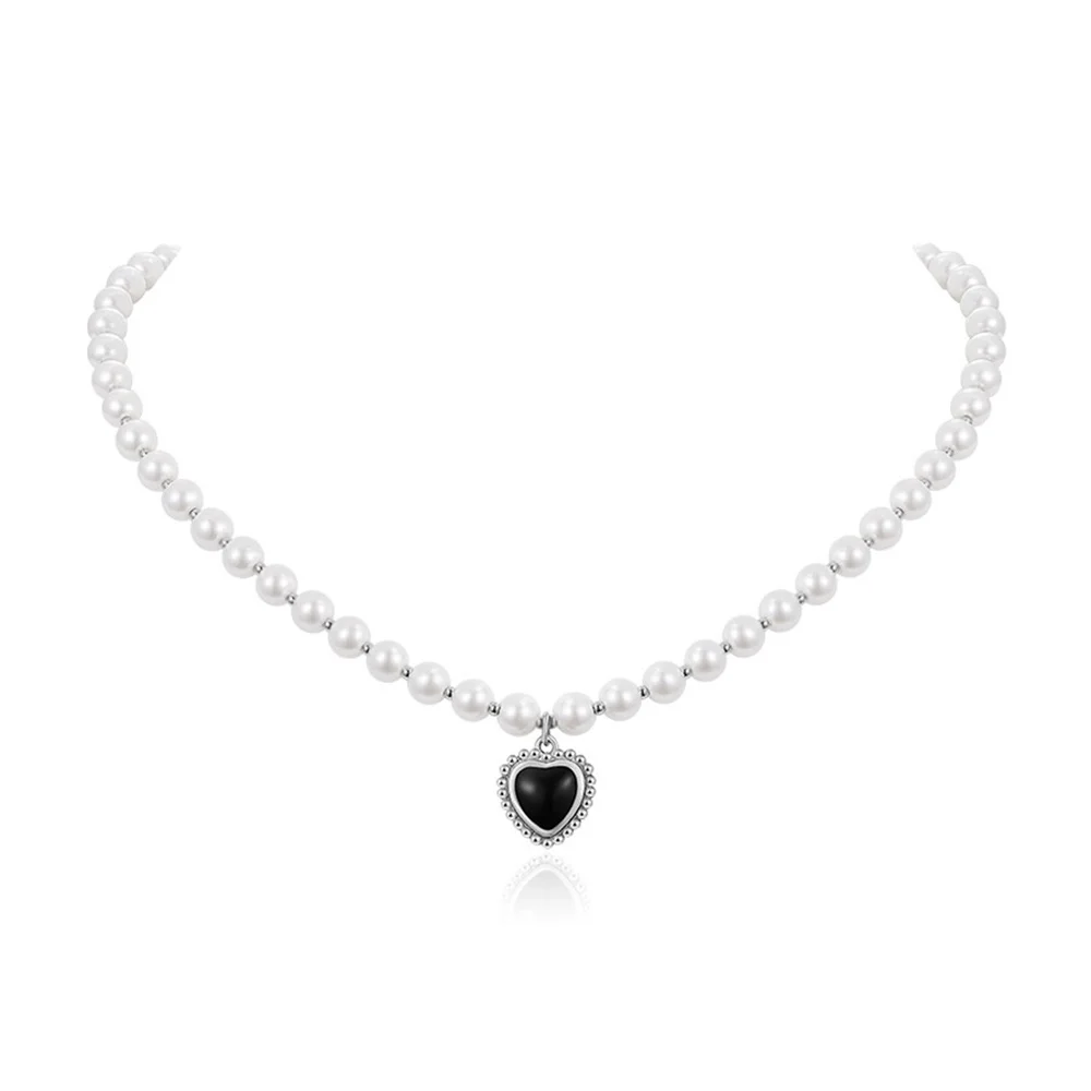 Französische Retro-Imitationsperlenkette Choker Trendige Schwarze Acryl-Liebesanhänger-Halskette Elegante Modeaccessoires Damenschmuck – Detail 6