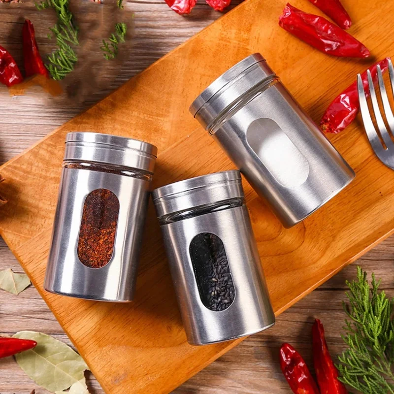 Stainless Steel Spice Jars Seasoning Cans Rotate Cover Salt Pepper Shakers Toothpick Condiment Storage Bottle Kitchen Spice Rack