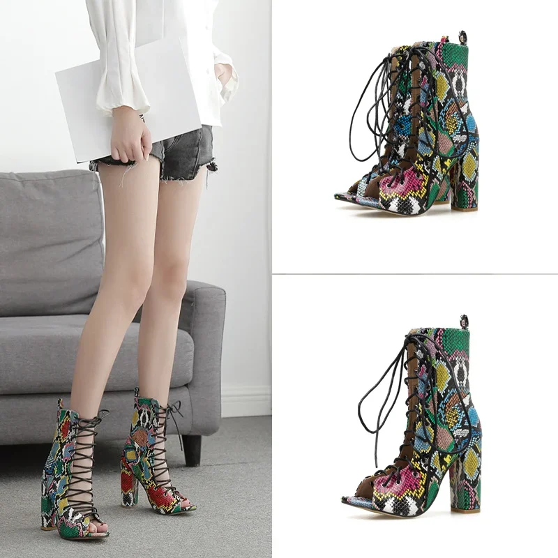 Snakeskin Lace - Up Front Chunky Sandal Boots Shoes for Women Heels Women Shoes