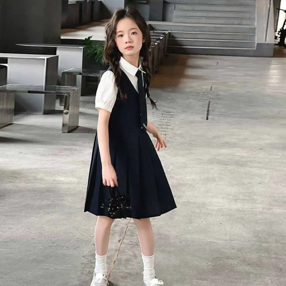 

Loose Pleated Kids Fake Two Dress Short Sleeve Preppy Style Summer Girls Dresses Teenagers Skirts Children A-line Dress Holiday