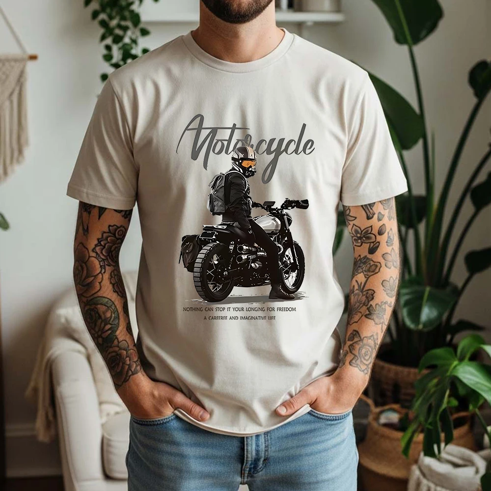 New Summer Men's 100% Pure Cotton T-Shirt Motorcycle Longing For Freedom Vintage Biker Style Casual Breathable Short Sleeve