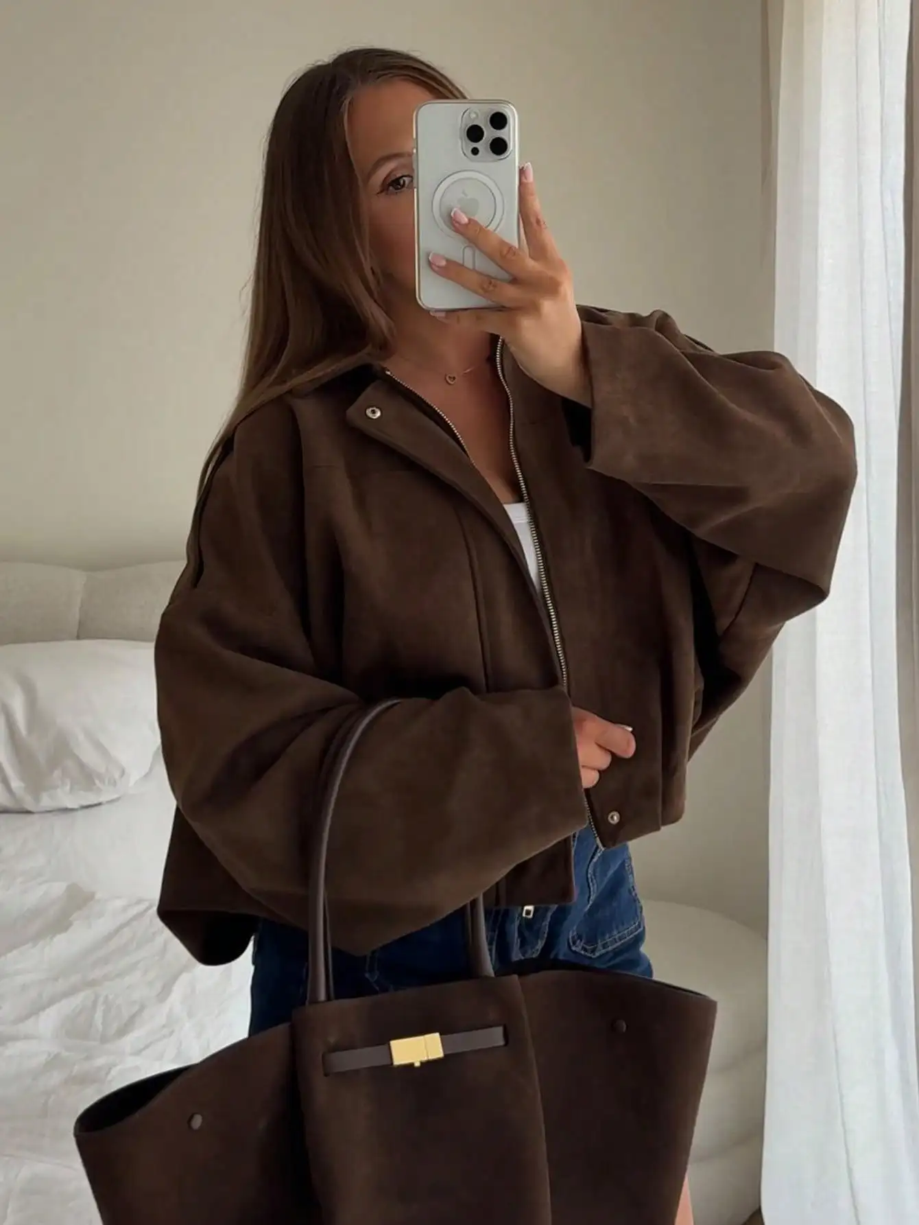 

Women's Brown Suede Zipper Jacket, Loose Fit Casual Streetwear with Turn-Down Collar