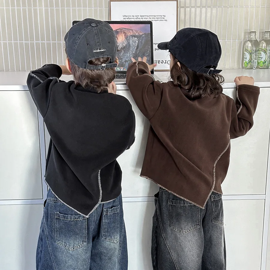 جديد الشتاء الاطفال الياقة المدورة قاعدة قميص 1-7Y نمط فريد الفتيان سميكة الدافئة البلوز الكورية فضفاضة الأطفال الشق القمم الفتيات الملابس #2