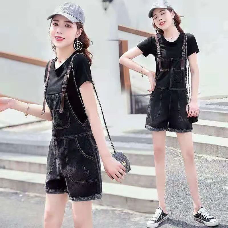 Women's Suit 2023 New Summer Thin Shirts Loose Fashion Crop Top Wide Leg Denim Strap Shorts 2 Two Piece Set For Women Clothing