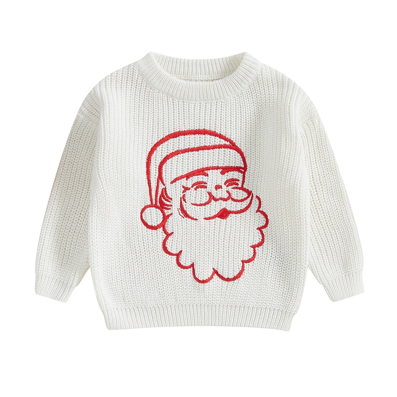 

Kids Festive Santa Claus Print Christmas Sweater with Long Sleeves and Crew Neck for Boys and Girls in Chunky Knitwear