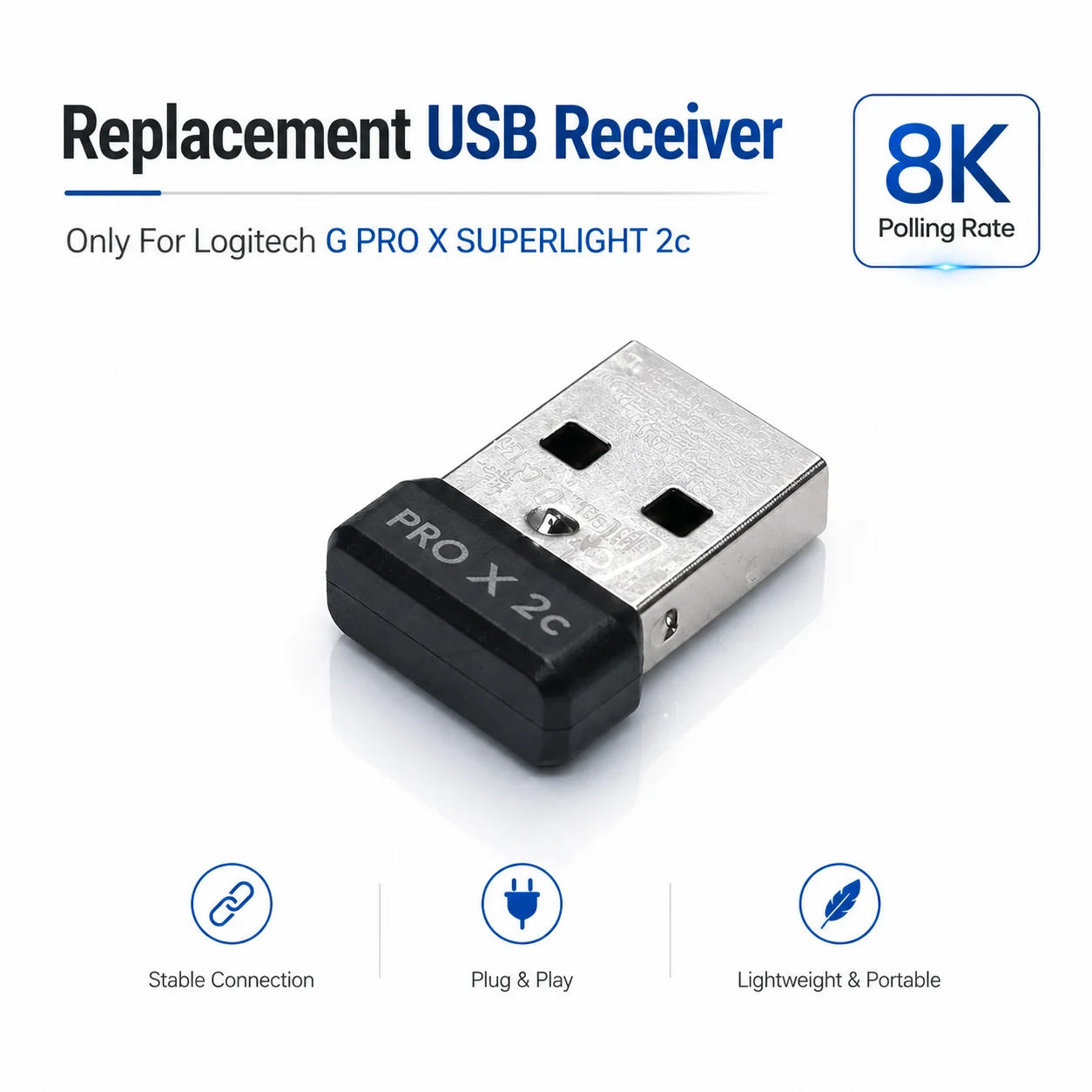 Replacement USB Receiver For Logitech G Pro X Superlight 2c Mouse 8K Hyper Polling Rate Wireless Adapter Gaming Mouse Dongle