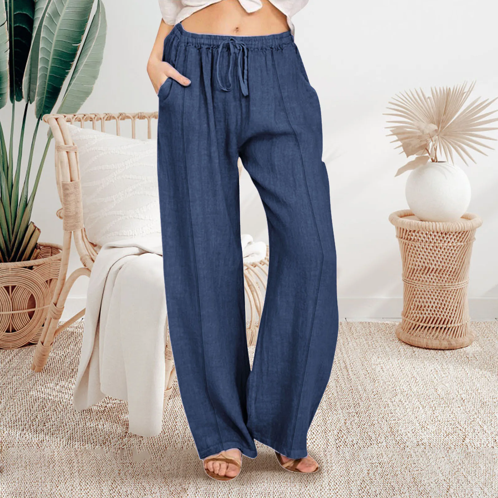Women Full Length Shorts Cotton Linen Straight Wide Leg High Waist Loose Fit Drawstring Trousers Casual Large Size Long Pants