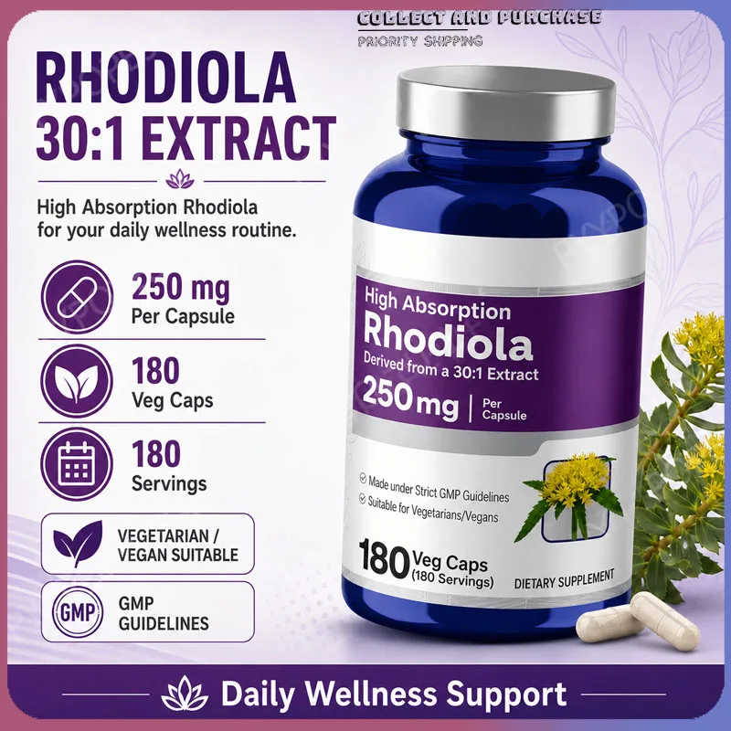Rhodiola Rosea Supplement 180 Capsules 250mg Plant Extract per Serving Stress Reduction Energy Boost Cognitive Function Support