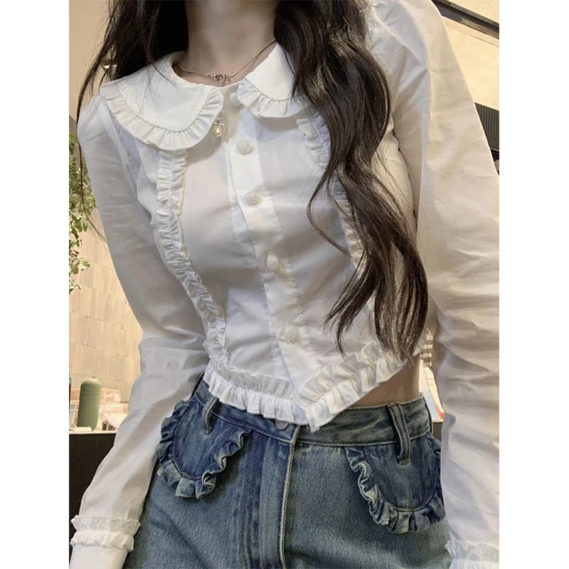 Y2K White Shirts Women Sweet Kawaii Ruffles Long Sleeve Crop Tops Student Preppy Streetwear Korean Fashion Tunic Chic Blouses