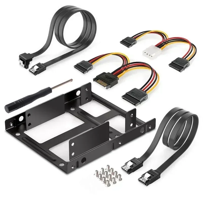 Soporte externo HDD SSD de 2 bahías de 2,5 pulgadas a 3,5 pulgadas, Kit de montaje de Metal, soporte adaptador con juego de Cables de alimentación de datos SATA