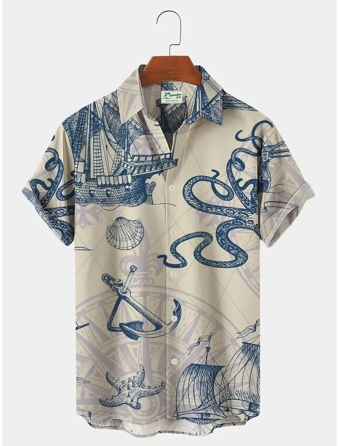 Camisa de manga corta con estampado gráfico de tiburón sirena para hombre, ropa de moda con botones, ancla, ropa de calle al aire libre