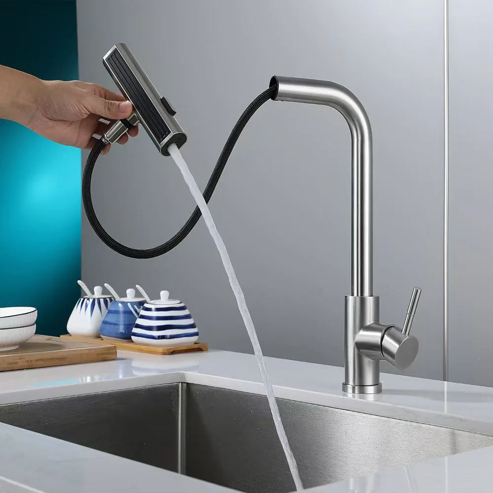 Kitchen faucet Hot and cold water wash basin sink spillproof telescopic stainless steel rain pull faucet