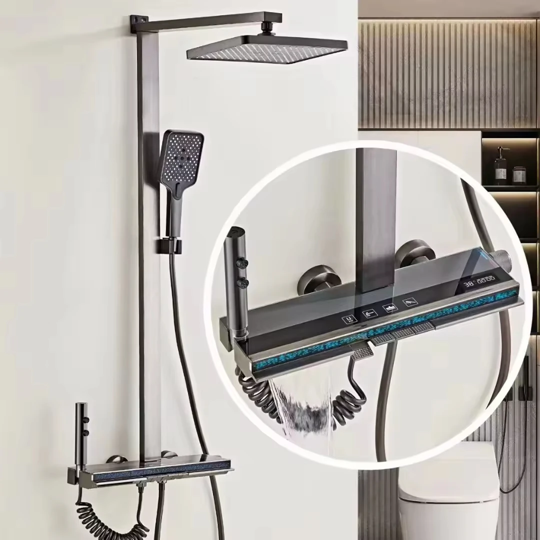 

Chrome Polished LED Light Bathroom Shower Set Triple Handle Thermostatic Square Shower Head Jet Rain Spray Patterns Brass