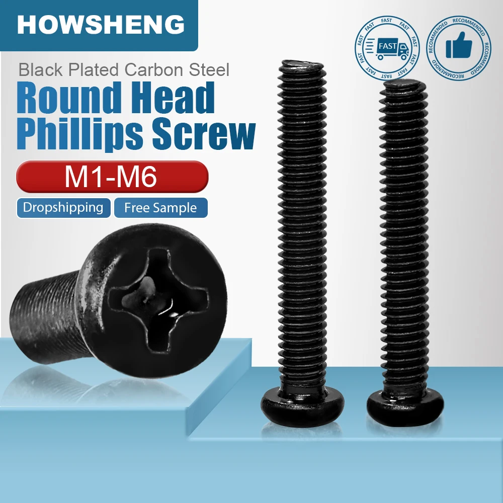 

HOWSHENG 10-200pcs Cross Recessed Round Head Machine Screw M1 M1.2 M1.4 M2 M3 M4 M5 Black Plated Phillips Screw for Computer