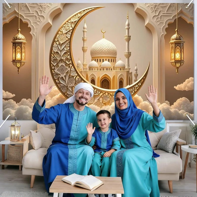 VIKAMA Islamic Golden Mosque Table Runner Ramadan Eid Mubarak Decor Fabric Wall Hanging For Living Room Bedroom Dining Table