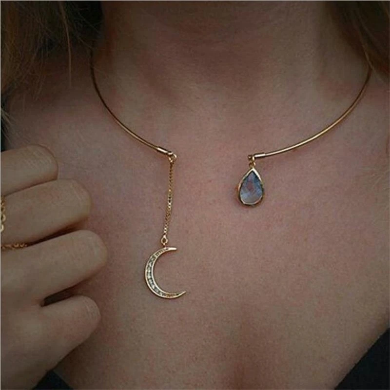 Fashion Moon Crystal Stone Necklace for Women Individual Water Drop Pendant Necklace Boho Jewelry for Women Collares Para Mujer