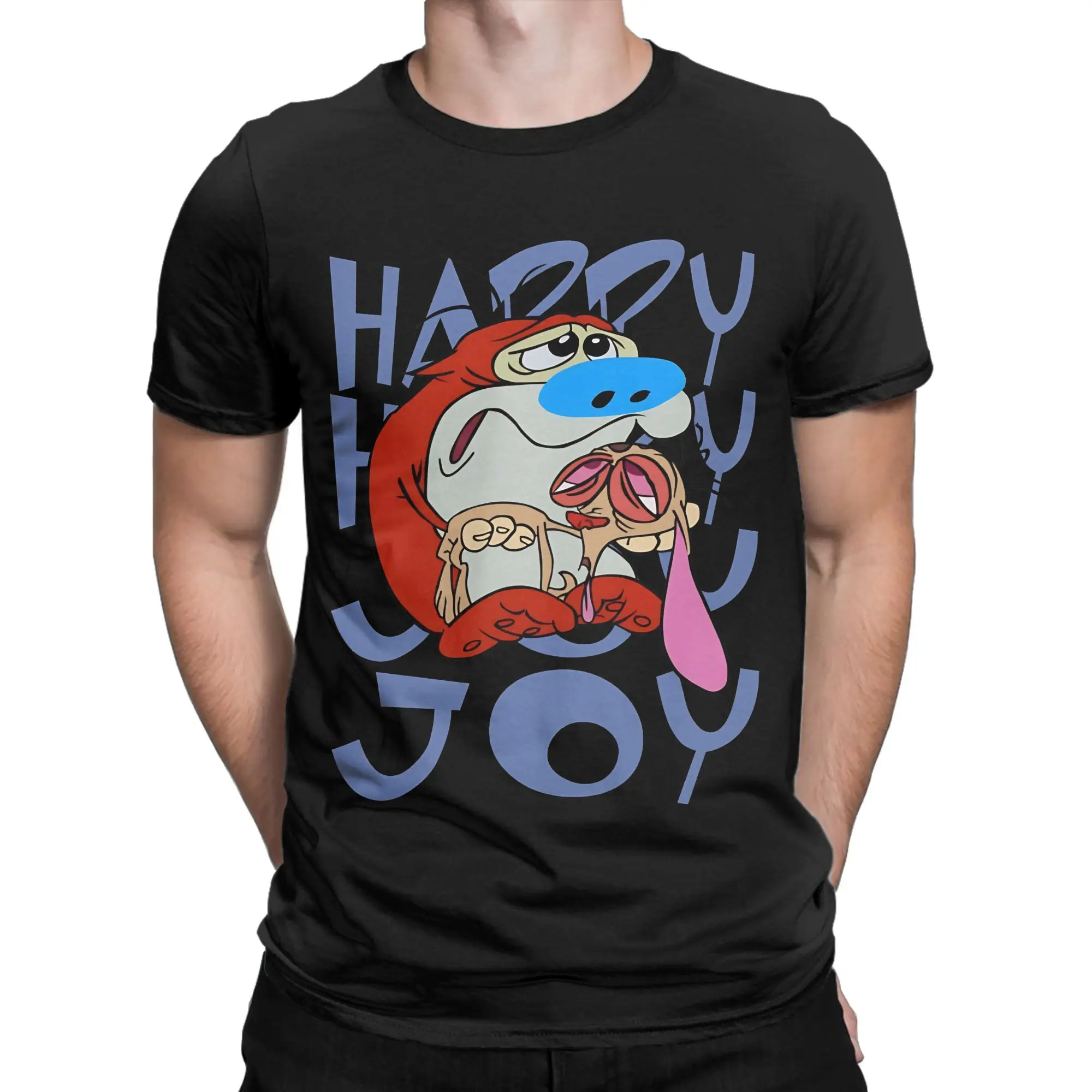 Ren And Stimpy Happy Happy Joy Joy T Shirt Beach T-Shirts Men Cotton O Neck Oversized Tees Short-Sleeve Y2K Retro Tshirt