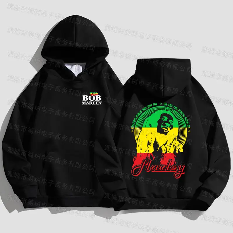 Bob Marley Hoodie Men\'s and Women\'s Trendy Loose Autumn/Winter Top American Printed Sweater Black Coat