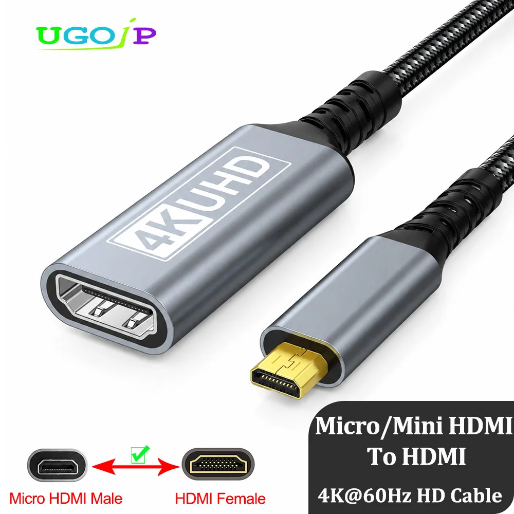 UGOjP 4K Mini / Micro HDMI to HDMI Female Adapter Cable Bi-Directional HDMI Extension Cable for Camera GoPro Projector Monitor