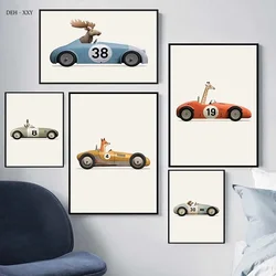 Funny Animals Car Cartoon Wall Art Poster Print Giraffe Bear Rabbit Children Kid Room Canvas Painting Nursery Home Decor Picture