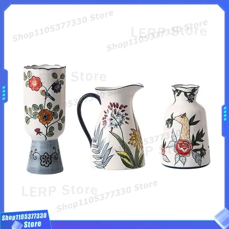 Hand Painted Ceramic Vase with Flower Bird Pattern Hydroponic Half Chamber Bamboo Pot for Living Room Home Decor Modern Style