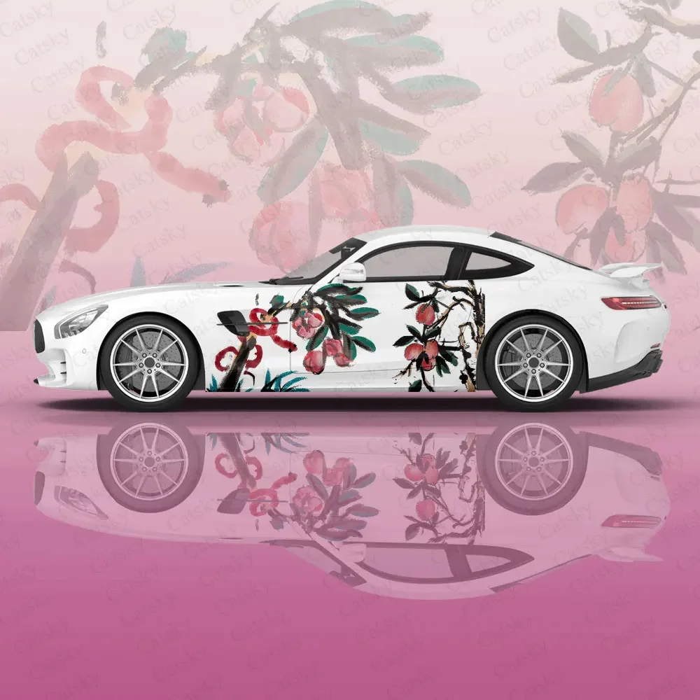 Ink Painting Peach Tree Design Car Body Stickers Itasha Vinyl Auto Accessories Side Body Decal Wrap Cover Car Decoration Sticker