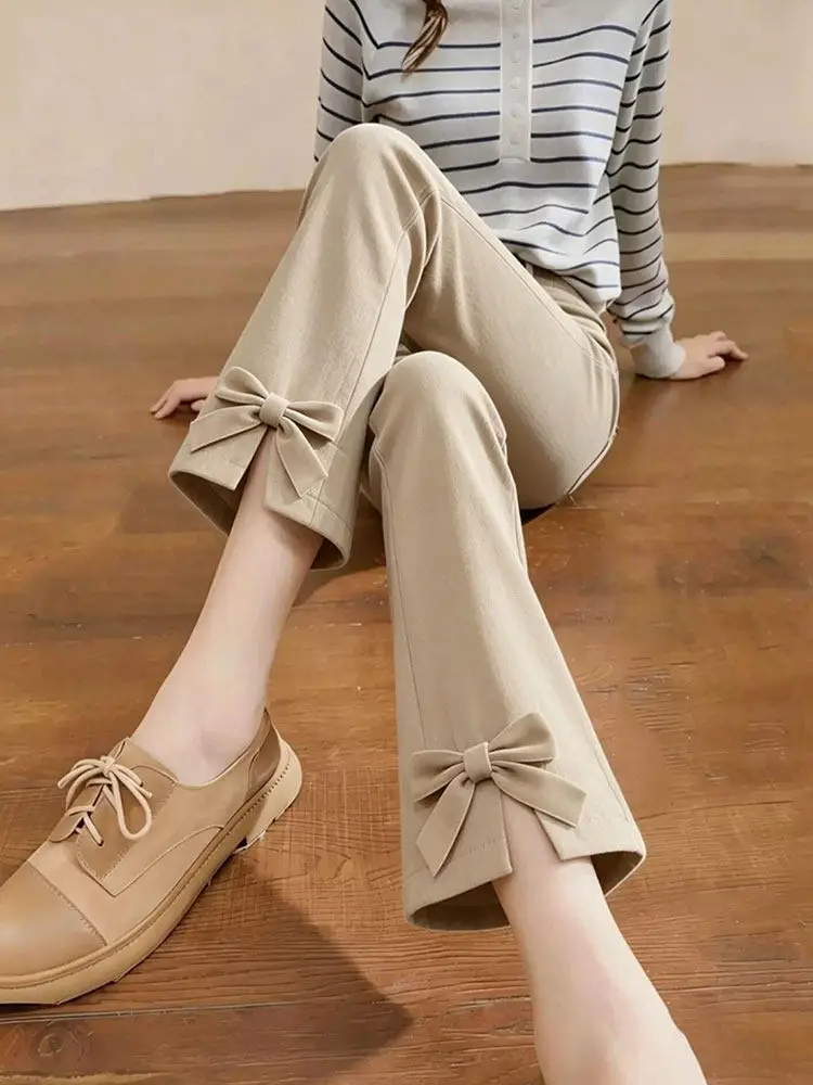 Khaki  Knot Cuffed Flared Pants Women's Summer High Waist Draped Slimming Casual Trousers Casual Pure Color High Waist