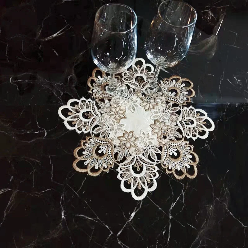 European-style Embroidered Lace Trim Round Table Mat Coaster Placemat Vase Lamp Cup Non-slip Dust-proof Pad Wedding Decoration