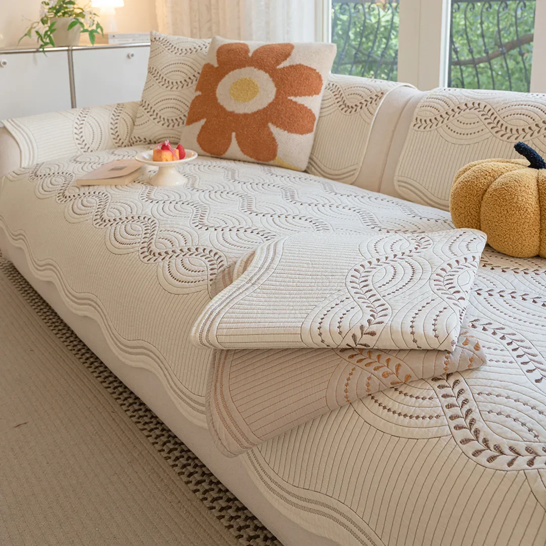Leather Sofa Seat Cover Luxury Premium All-Season New Embroidered Fabric Cushion One-Piece Straight Row Irregular Sofa Slipcover