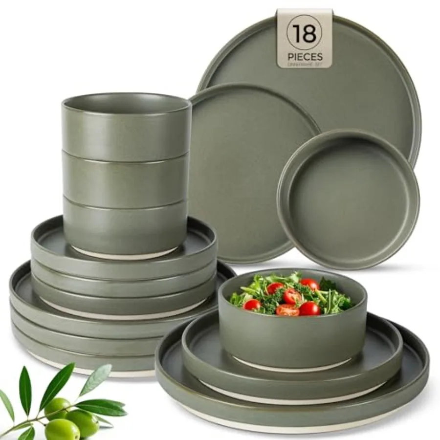 

Handmade Ceramic Dinnerware Set for 6 People with 18 Pieces Including Plates and Bowls Featuring Reactive Glaze Matte Green Fin