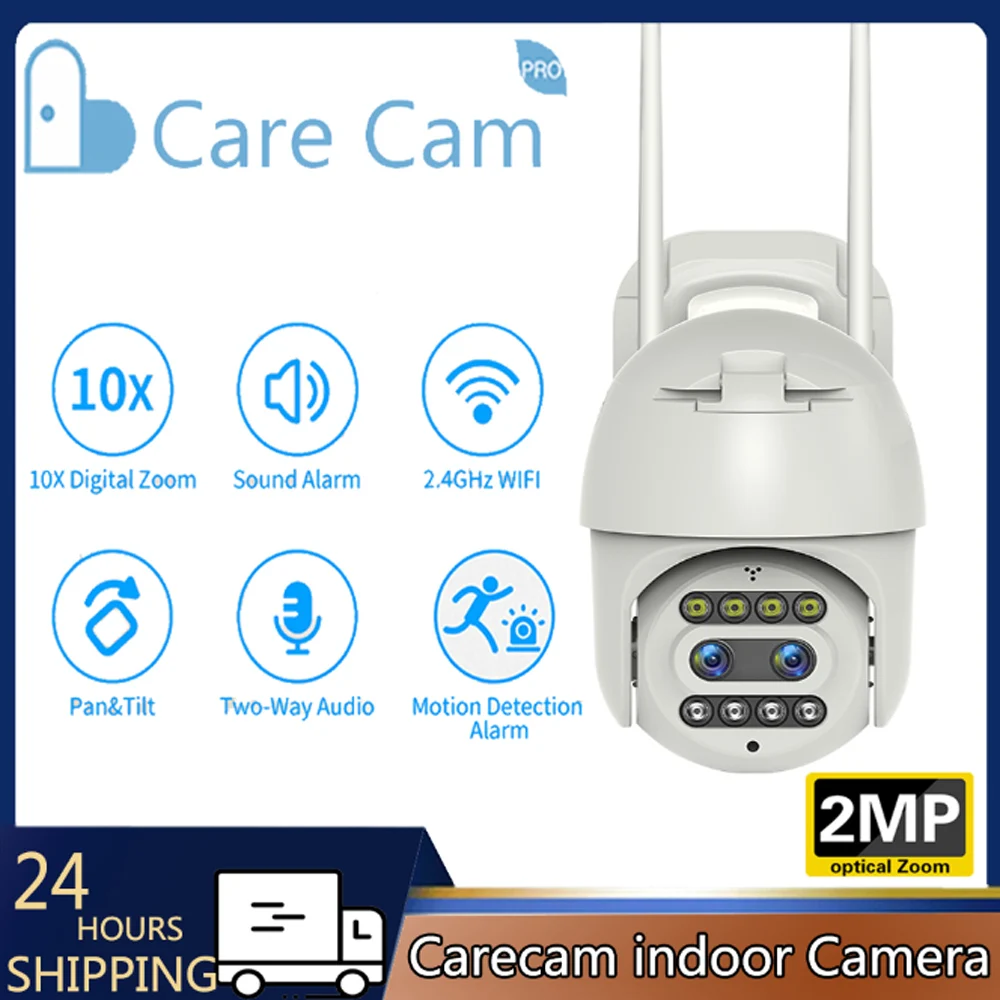 CareCam-Câmera PTZ Externa com Visão Noturna Colorida, Resolução HD 1080P, WiFi, CCTV, Impermeável, Lente Dupla, Zoom Inteligente 10X