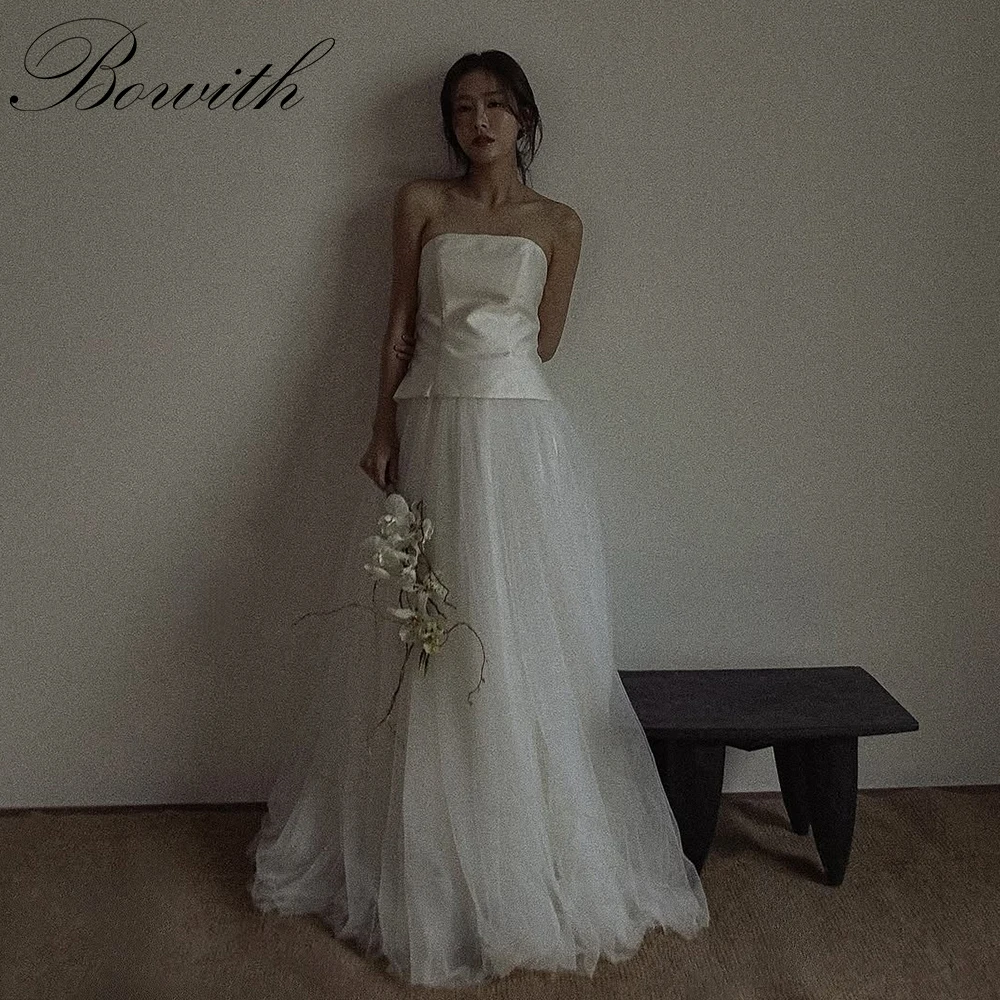 

Bowith Korean Wedding Dresses Patchwork Satin and Tulle Strapless ウェディングドレス Simple Elegant Wedding Party Dresses Photo Shoot