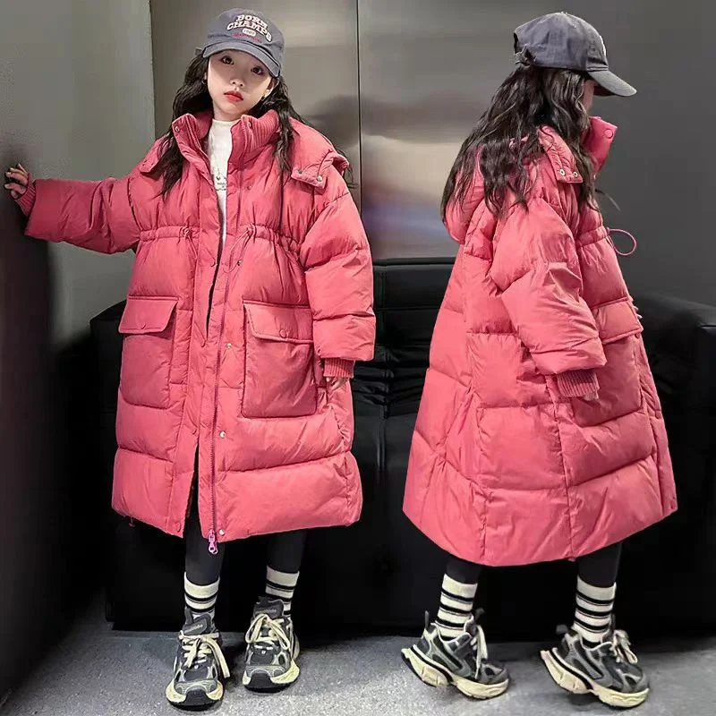Kids Thermal Jacket Children Winter Thick Warm Mid-Length Cotton Padded Coats Girls Outdoor Hooded Windproof Casual Outerwear