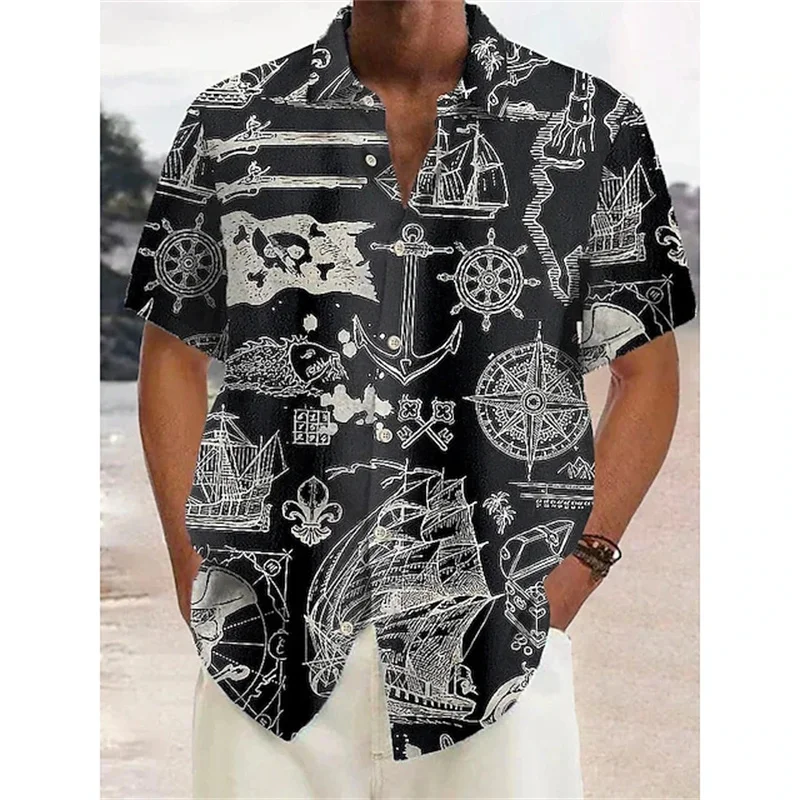 2024 Men's Summer Short-Sleeved Pirate Ship Shirt Thin Section Beach Shirt Men's Printed Clothing Lapel Button Men's Casual Tops