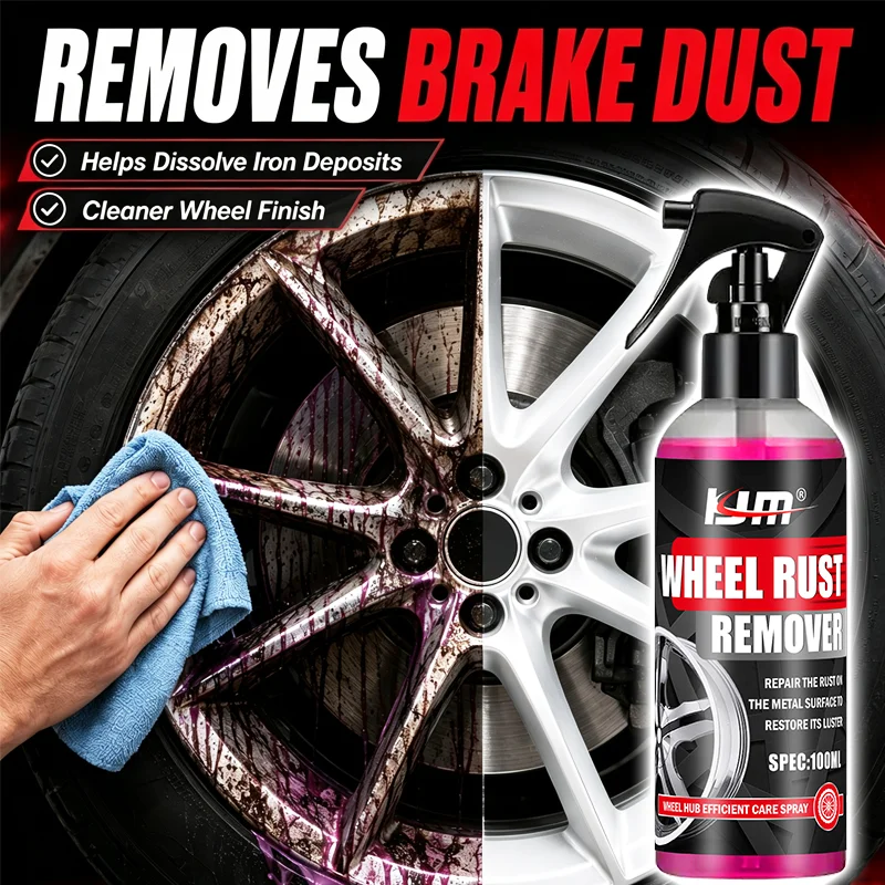 KJM Wheel Rust Remover For Car Rims Iron Fallout And Brake Dust Cleaner Fast Acting Alloy Wheel Metal Care Spray 100ML