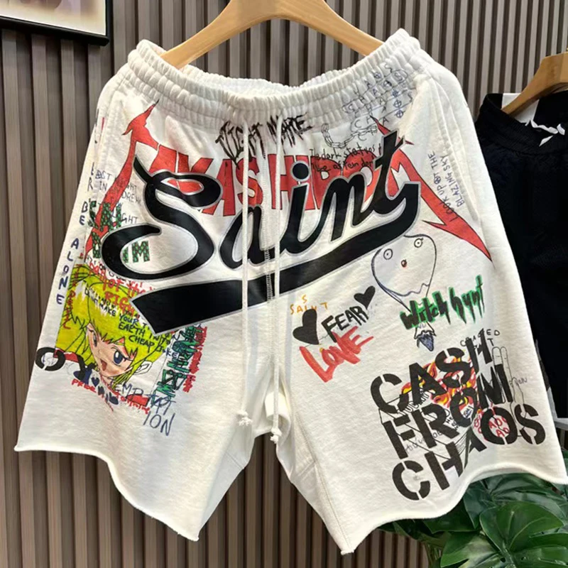 Cartoon Graffiti Printing SAINT Shorts Men Woman 1:1 Good Quality Drawstring Casual Oversized Vintage Shorts