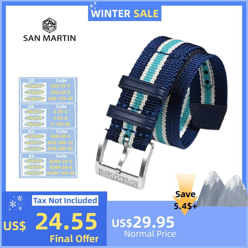 San Martin 20mm Watch Band Nylon Strap Premium Leather Decorated Color 316L Stainless Steel Pin Buckle Sport Correa Reloj SN0116