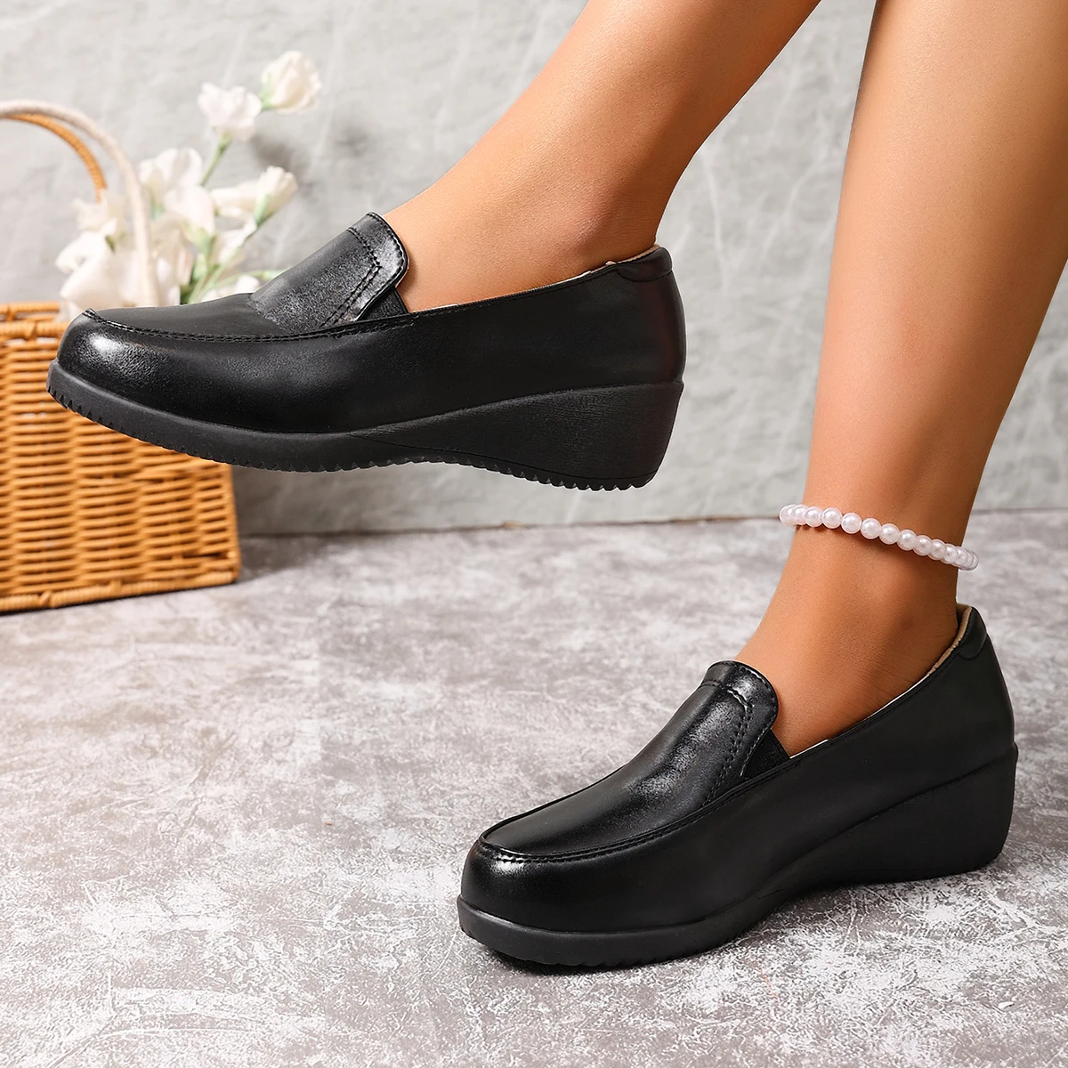 Women Wedge Loafers Matte Leather Slip On Casual Office Work Shoes Minimalist Elegant Comfort Walking Black 4.5cm Heel