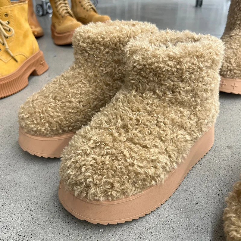 Fur and Fur Integrated Thick Soled Short Tube Snow Boots for Women, Winter with Plush Teddy Curls, Mid Tube Cotton Boots