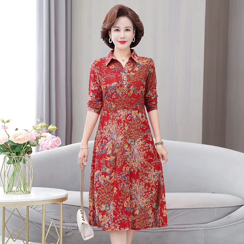 Middle Aged Women Vintage Floral Print Elegant Slim Three Quarter Sleeve /Long Sleeve Shirt Midi Dress Spring Casual Dresses