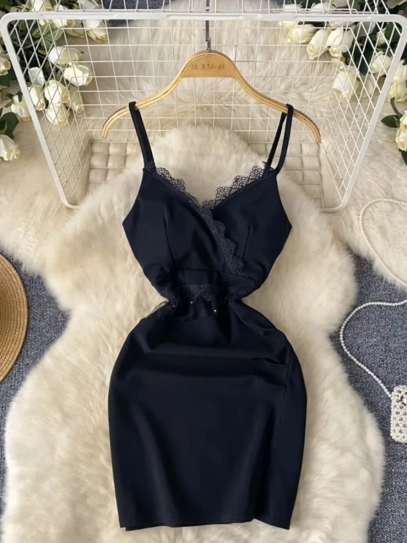 ssTss Women's Lace Trim V-Neck Spaghetti Strap Dress Sheer Mesh High Waist Mini Bodycon Dress for Party Club