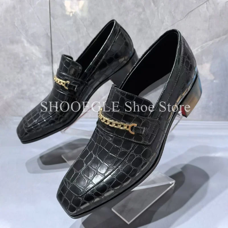 Men‘s Small Square Toe Crocodile Print Loafers 4.5CM Heel Height Leather Shoes Fashion 2024 Wedding Dress Business Office Shoes