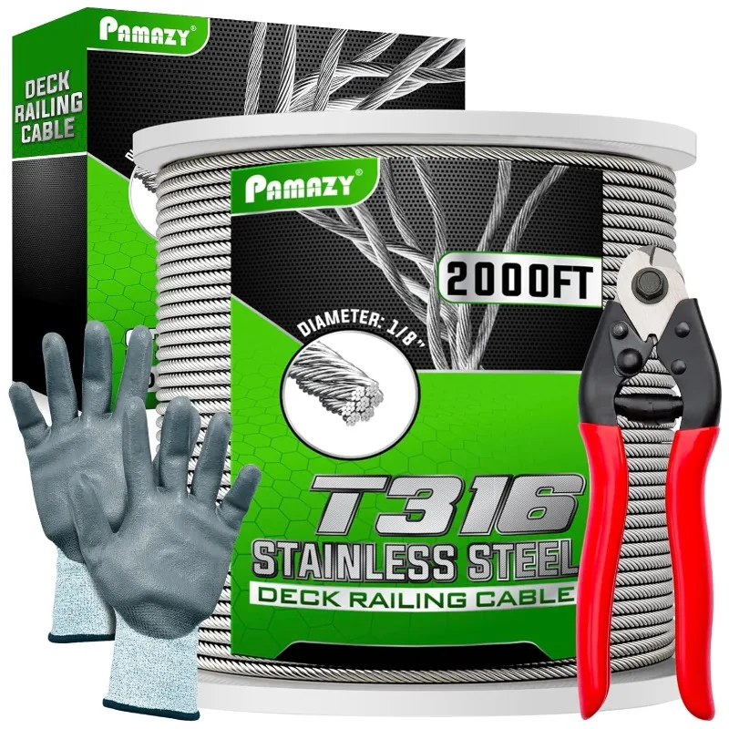 

2000FT 1/8”T316 Premium Stainless Steel Deck Cable Railing Kit with Cutter Gloves,7x7 Strand Construction,Cable Railing Hardware