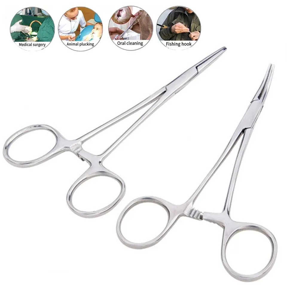 Medical Hemostatic Forceps 12.5cm Curved Tip and Straight Tip Forceps Arterial Forceps Pet Hair Clamp Fish Hook Pliers Hand Tool