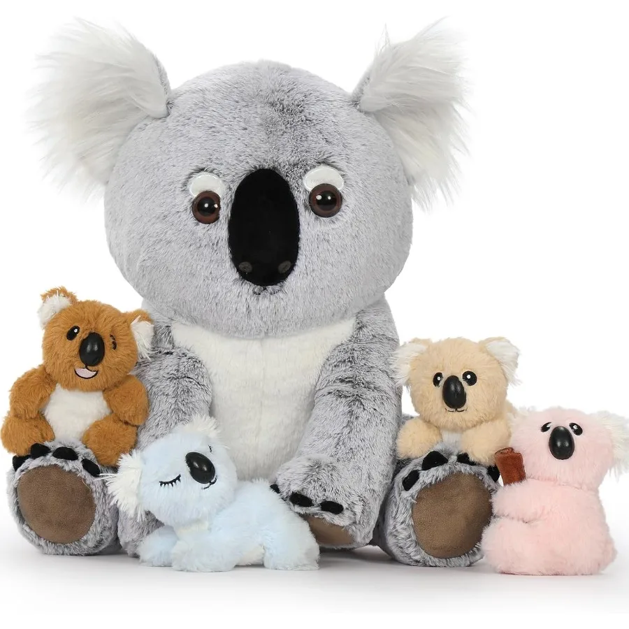 

5Pcs Koala Bear Stuffed Animal 17.7 Inch Mom Koala Plush Toy with 4 Adorable Babies Plushies in Zippered Back Christmas Birthda