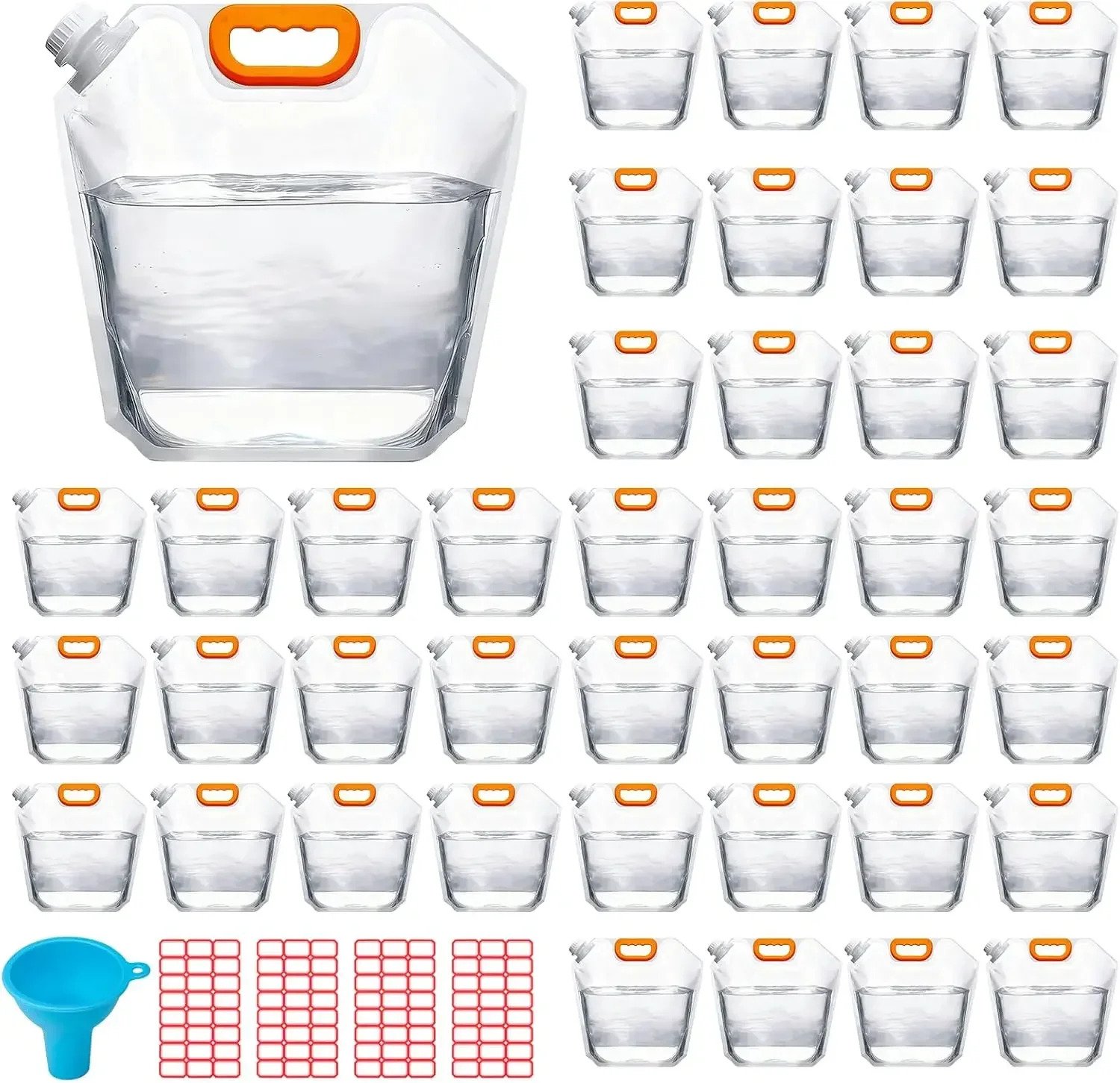 

40 Pcs 1.3 Gallon Collapsible Water Storage Bag with Funnel and Stickers Leakproof Emergency Jug Container Clear Plastic Water B