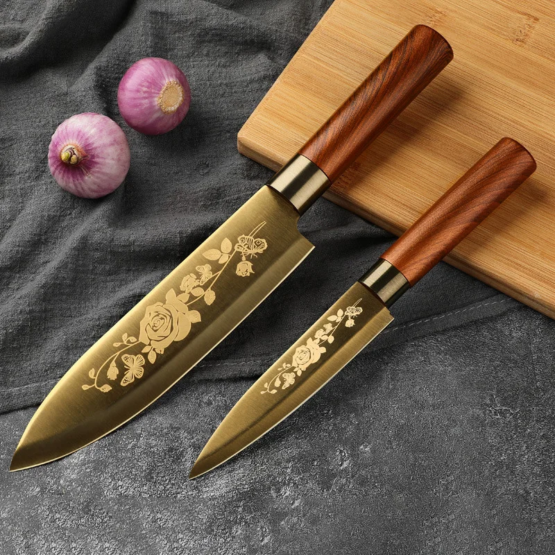 Juego completo de cuchillos de cocina con estampado de rosa de titanio afilado, alta dureza para el hogar, cuchillo de fruta 2 en 1