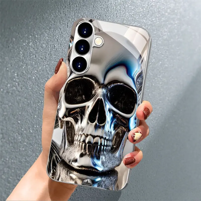 Silver Metal Skull s26 ultra case s25 ultra Glass phone case for Samsung Galaxy S26 25 24 23 22 21 FE Ultra Plus Drop Proof Case
