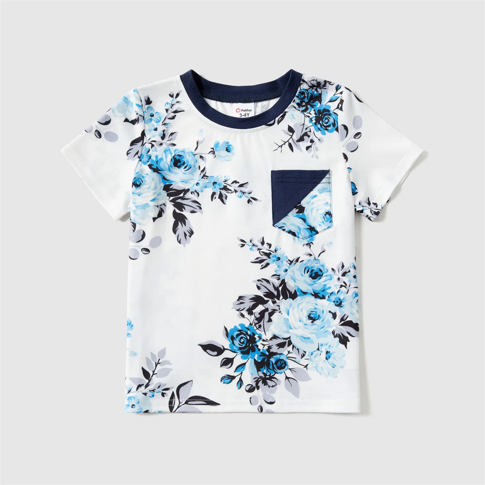 PatPat Family Matching 95% Cotton Dark Blue Short-sleeve T-shirts and Floral Print Spliced Dresses Sets